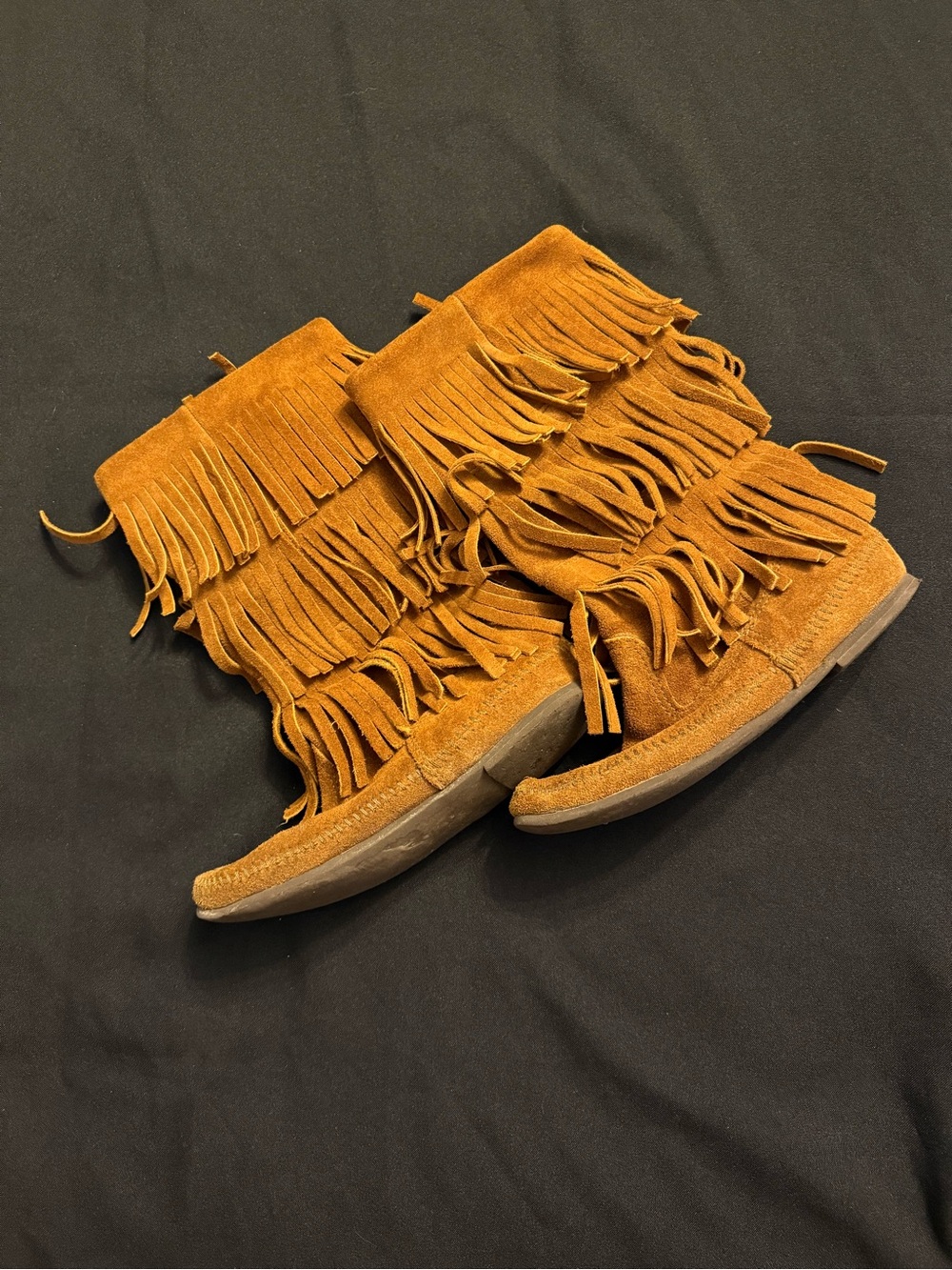 Minnetonka Fringe Suede Mid-Calf Boots in Cognac